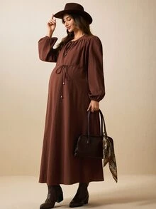 Boho Mama Maternity Vacation Casual Solid Color Dress - Brown - View 6