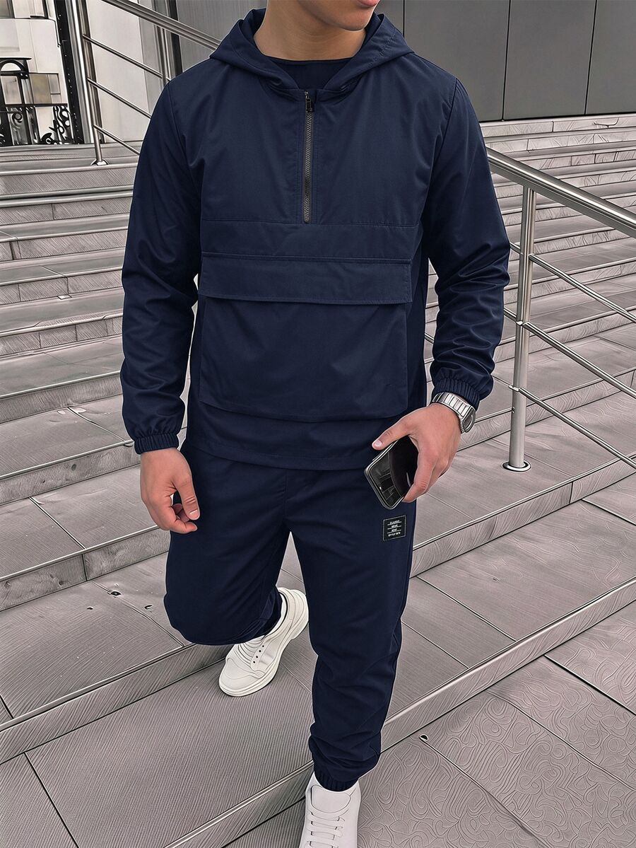 Kids Tween Boy Half-Zip Hooded Jacket And Jogger Pants 2 Pieces Set, Casual Sporty Style For Autumn/Winter - Navy Blue - View 1