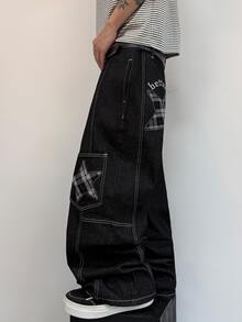 STEELVANCE Celana Jeans Denim Kasual Gaya Retro Streetwear Serbaguna dengan Desain Lusuh, Banyak Saku, Patchwork Bintang, dan Bordir Huruf (Sabuk dan Aksesoris Tidak Termasuk) - Hitam - View 5