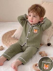 2pcs Baby Boy Comfortable Soft Cotton Crinkle Fabric Forest Green Collared Button-Up Pocket Embroidered Cute Fox Pattern Collar Placket Cuff Trim Design Long Sleeve Pants Cotton Woven Set - Multicolor - View 1