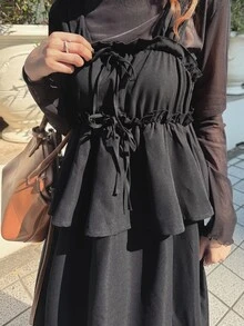 FRIFUL Women's Mesh Patchwork Pleated Casual Party Long Dress Vacation - Black - View 5