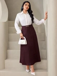 Veilorie 女款優雅時尚金屬腰飾裙 - 酒紅色 - 查看 2