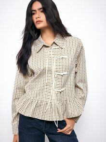 Maija Women's Placket Design Long Sleeve Ruffle Hem Plaid Shirt - Apricot - View 5