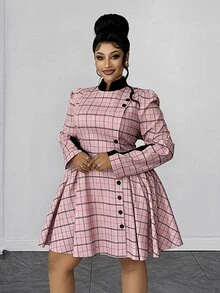 Maweii Plus Size Vintage Sweet Plaid Cinched Waist Button Pleated Dress Fall - Multicolor - View 3