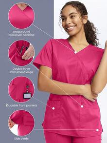 TaskEZ Women's Matte Wrap Top With 2 Pockets And Princess Seams On Back - Hot Pink - View 3