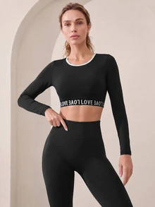 Easithlete Easithlete Letter Tape Patchwork Cropped Sports T-Shirt - Charcoal Grey - View 4