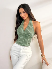SHEIN PETITE 女款棉質條紋立領單排扣背心薄款西裝外套 秋冬款 - 薄荷綠 - 查看 6