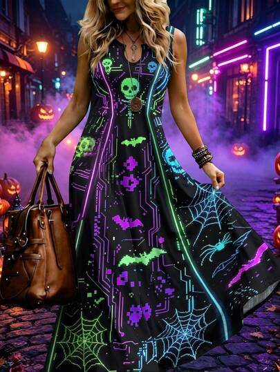 Breezaya Plus Size Women'S Halloween Neon Skulls Bats Spider Webs Print Long Dress, Suitable For Spooky Season Holiday Parties,Themed Nighttime Events
