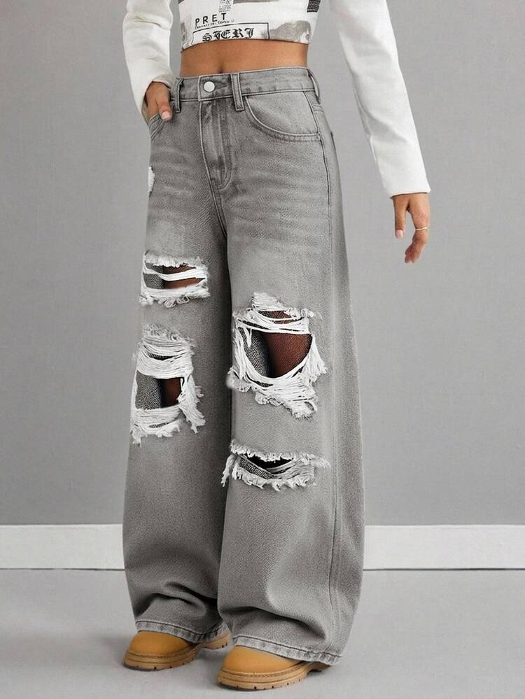 Tween Girls' Blue Denim Distressed Loose Long Pants - Light Wash - View 3