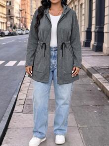 SHEIN LUNE CURVE Plus Size Women's Autumn/Winter Fashion Casual Loose Comfortable Daily All-Match Versatile Grey Hooded Zip-Up Cinched Waist Mid-Length Sweatshirt Jacket - Grey - View 5