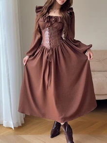 Feyla Đầm nữ dáng dài vừa màu trơn phối patchwork, cổ vuông, tay lồng đèn, thắt eo, phong cách thanh lịch - màu nâu - Xem 4