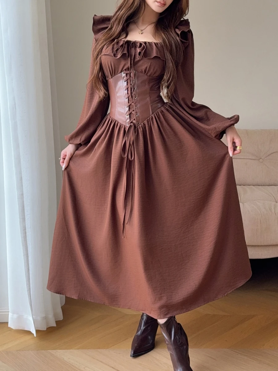 Feyla Women's Solid Color Patchwork Ruffle Square Neck Lantern Sleeve Waist Tie Design Elegant Mid-Length Dress - Brown - View 1