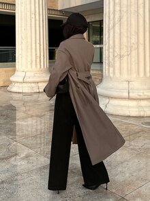 Solavon Women's Solid Color Lapel Neck Long Sleeve Casual Overcoat, Autumn/Winter - Brown - View 6