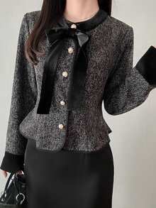 FRIFUL Jaket Wanita Lengan Panjang Elegan Potongan Reguler dengan Hiasan Pita untuk Musim Gugur - Grey - View 6