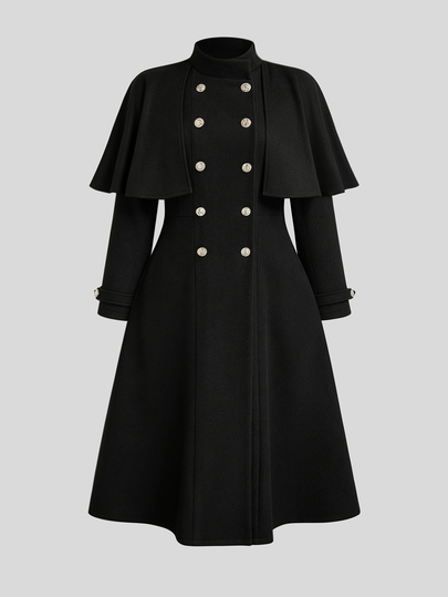 Sweetra Plus Size Women's Double Breasted Cape Black Long Overcoat
