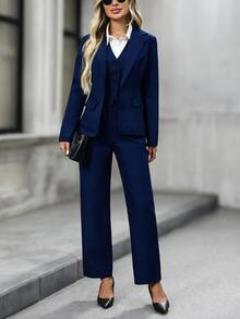 EMERY ROSE Women's Solid Color Single-Breasted Lapel NeckJacket, Vest And Pants Casual Suit Set Autumn Winter - Navy Blue - View 10