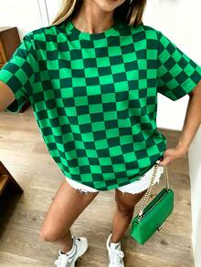 Maweii 大尺碼女款棋盤格休閒百搭日常短袖T恤 - 彩色 - 查看 3