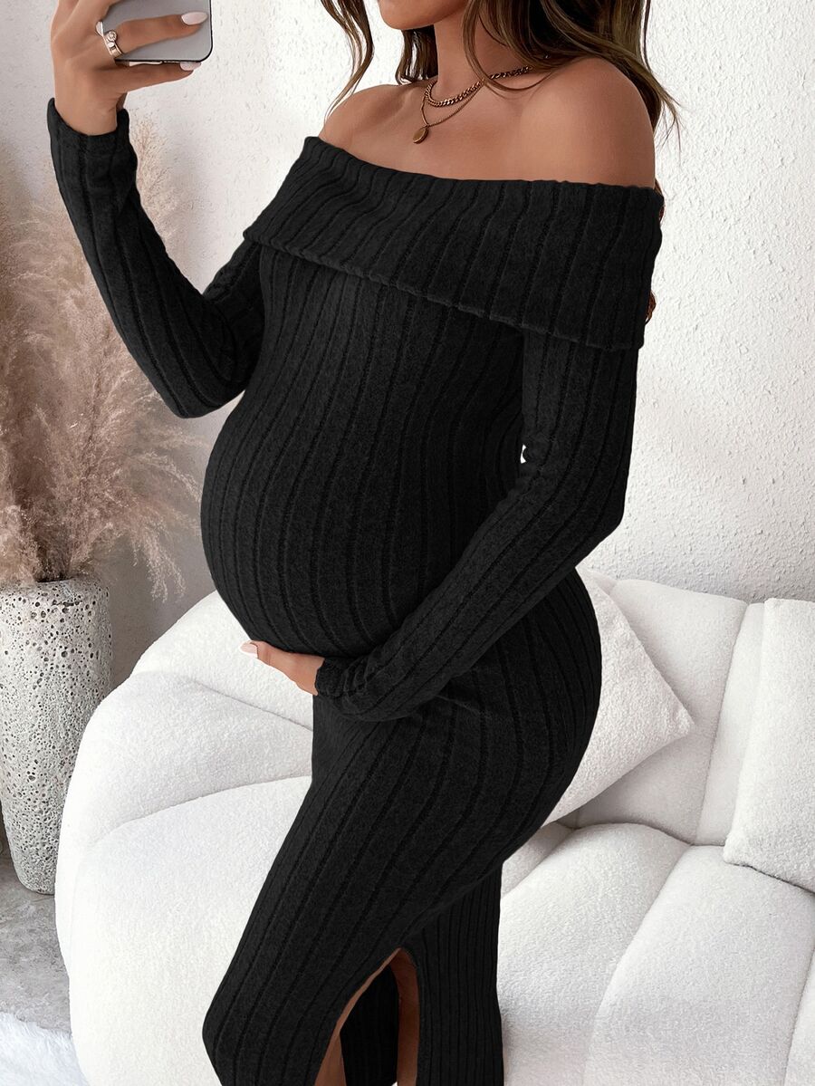 SHEIN 孕婦秋季休閒純色露肩修身洋裝 - 黑色 - 查看 1