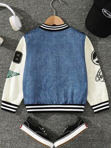 SHEIN Young Boy American Retro Striped Trim Denim Effect Jacket, Kids Streetwear Varsity Bomber Jacket With Pockets, Fall, Autumn And Winter - Blue - View 2