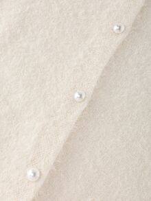 GlowEve CURVE Plus Size Faux Mink Knit Cardigan For Fall Winter, Rhinestone & Pearl Trim Round Neck, Pearl Buttons Puff Sleeve Elegant White Commuter Outerwear - Beige - View 4