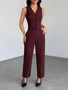 SHEIN PETITE 休閒無袖開襟背心與寬鬆長褲套裝，秋冬款 - 酒紅色 - 查看 5