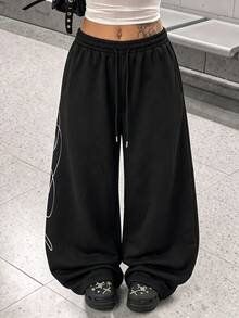 StreetHx Women's Letter Print Drawstring Waist Casual Wide Leg Pants - Black - View 5