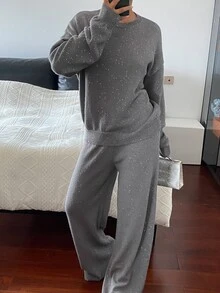 DAZY Women's 2pcs Set Gray Casual Loose Crew Neck Long Sleeve Sweater And Straight Leg Pants, Autumn - Grey - View 3