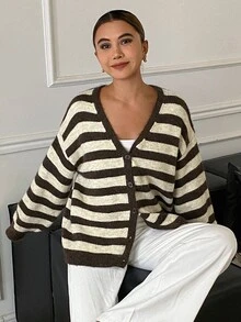 DAZY Women's Autumn/Winter Casual Color-Block Striped Cardigan - Brown - View 5