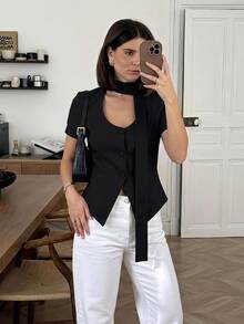 Siren Gaze Neuer Damen-Blazer mit Taillierung und kurzen Ärmeln, für Lehrerinnen, Business, Alltag, Büro, Brunch, Schwarz, Sommer, Lässig, Elegant - Schwarz - Übersicht 10