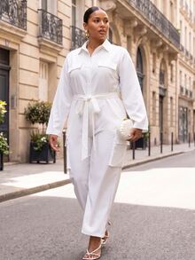Slaydiva Autumn/Winter Plus Size White Utility Jumpsuit With Collar, Belt, Cinched Waist And Wide Leg - White - View 6