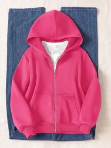 SHEIN 青少年女孩秋冬休閒連帽開襟外套 - 玫紅色 - 查看 3