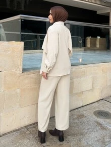 Solavon Women's Solid Color Long Sleeve Single-Breasted Deconstructed Design Shirt And Pants Casual 2 Pieces Set - Apricot - View 6