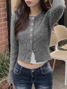 DAZY Women's Fitted Short Knit Cardigan With Long Sleeves, Round Neck, Casual Sexy Vacation Style, Spring/Autumn - Grey - View 1