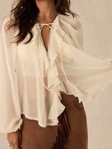 Easelle Vintage Bohemian V-Neck Ruffle Lace Patchwork Women's Blouse - Apricot - View 5