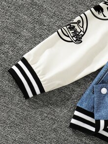 SHEIN Young Boy American Retro Striped Trim Denim Effect Jacket, Kids Streetwear Varsity Bomber Jacket With Pockets, Fall, Autumn And Winter - Blue - View 8