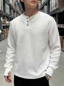 DAZY Men's Textured Fabric Solid Color Basic Half-Button T-Shirt, Spring/Autumn - White - View 7