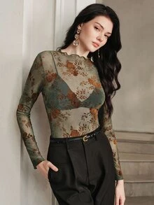 Anewsta Spring/Summer Morandi Grey Green Flocked Floral Mesh Base Layer, Wavy Lace Trim Slim Fit Long Sleeve Inner Top - Green - View 6