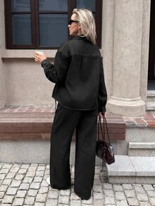 SHEIN 孕婦上衣與牛仔褲2件套秋季女裝 秋冬 正式商務 時尚基本款 哥德風 萬聖節聖誕節節慶 - 黑色 - 查看 2
