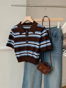 SHEIN EZwear 女款條紋 Polo 領短袖休閒針織上衣 - 藍色 - 查看 4