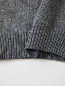 SHEIN Pullover Rajut Minimalis Leher Tinggi untuk Musim Gugur, Sweater Pendek Lengan Siku Bahu Longgar untuk Wanita - Dark Grey - View 4
