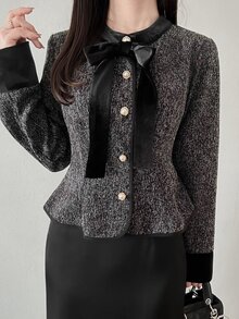 FRIFUL Jaket Wanita Lengan Panjang Elegan Potongan Reguler dengan Hiasan Pita untuk Musim Gugur - Grey - View 1