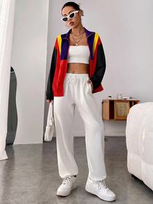 SHEIN EZwear 女款秋冬拼接立領落肩輕便夾克，黑色、紅色、黃色、深紫色 - 紅色 - 查看 6