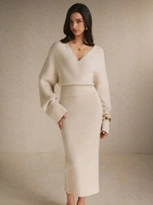 Poéselle Women's Ivory Ribbed Knit Two Pieces Set – Wrap V-Neck Bell-Sleeve Sweater And High-Waist Maxi Skirt Matching Outfit Women Fall Winter Sweater Set Chic - Apricot - View 2