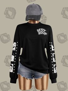 Betty Boop x SHEIN 女款字母卡通圖案休閒日常長袖運動衫 - 白色 - 查看 3