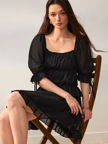 Willow Rêve Women's A-Line Black Mini Dress,Solid Color,Pleated Square Neck,Ruffle Short Sleeves,Summer Western Boho Romantic Elegant Casual,Vacation Party - Black - View 7