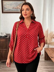 SHEIN LUNE Áo sơ mi tay lỡ họa tiết da báo size lớn - Đỏ và trắng - Xem 3