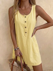 EMERY ROSE EMERY ROSE Women's Button Half-Placket Pocket Design Sleeveless Denim Dress Teacher Outfits For Women - Yellow - View 1