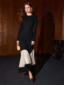 MOTF PREMIUM AUTUMN/WINTER GENTLE INTELLECTUAL COMMUTE BANQUET HIGH-END RIBBED KNIT WAVE PATCHWORK MERMAID HEM WAIST-CINCHING SLIMMING LONG SLEEVE MID-LENGTH DRESS - Black - View 3