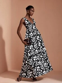 JIAN LASALA Black And White Double Ruffle Layers V Neck Sleeveless Long Dress Vacation Party Elegant - Black and White - View 5