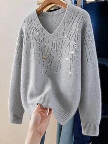 GlowEve CURVE Plus Size Casual Beaded Embroidered Sweater, Autumn/Winter - Grey - View 1